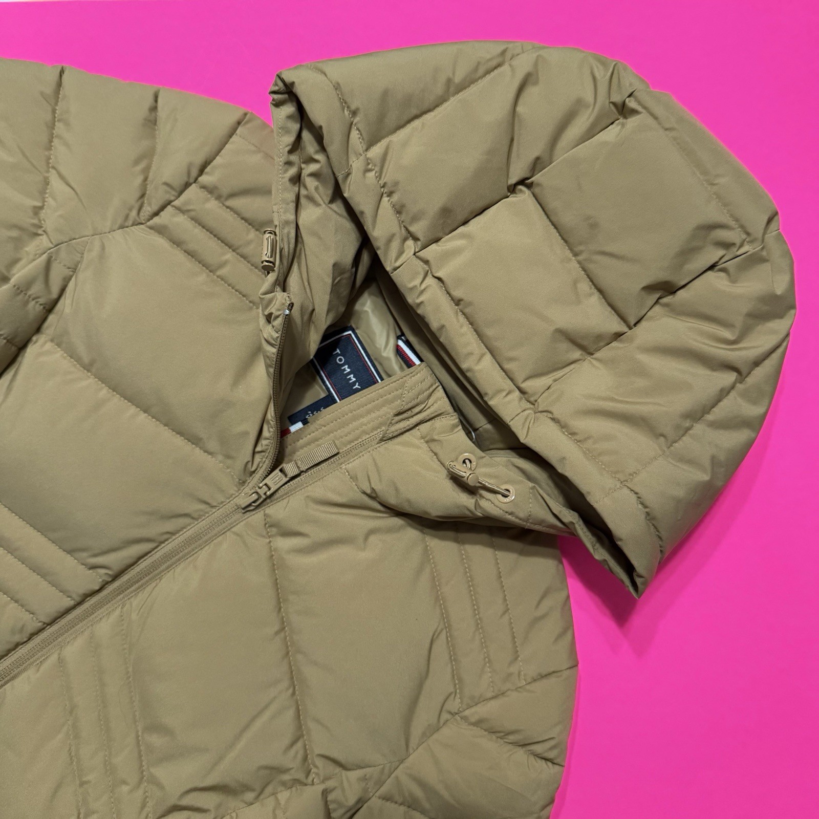 Rare Tommy Hilfiger  Long Puffer Tan Jacket Full Zip Coat Women’s Small NWT