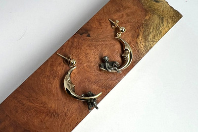  14K gold 925 silver earrings  by Peter Brams Designs PBD Crescent Moon Cherub