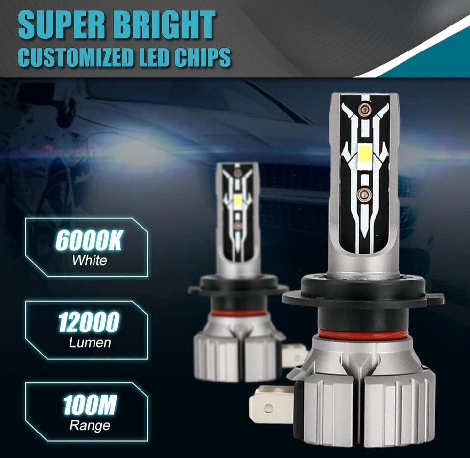 H7 LED 2pcs Headlight Bulbs 12V 70W 12000Lumens 6000K Xenon White IP65 Waterpro - Image 2 of 4