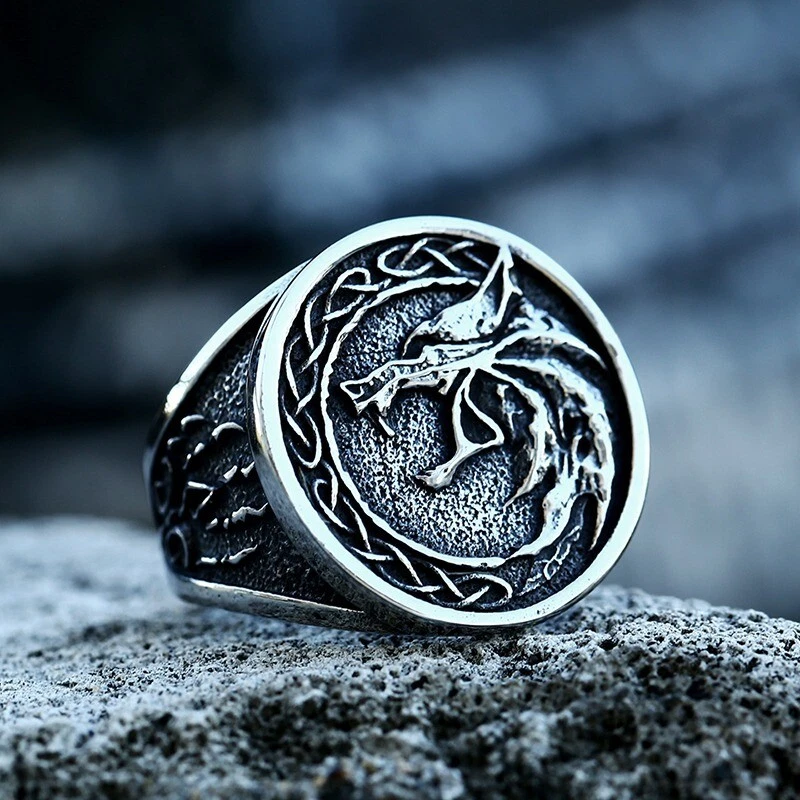 Viking Wolf Ring Stainless Steel Mens Celtic Norse Fenrir Pagan Signet Ring