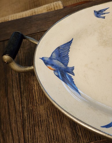 ANTIQUE AUSTRIA BLUEBIRD HOT WATER FOOD WARMING PLATTER W/ DOUBLE HANDLES - Picture 4 of 22