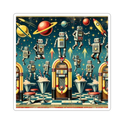 Sticker Retro Robots in Atomic Age Fair 2x2 3x3 4x4 6x6