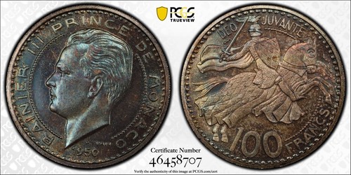 1950 Monaco Pattern Essai 100 Francs PCGS SP65 Silver
