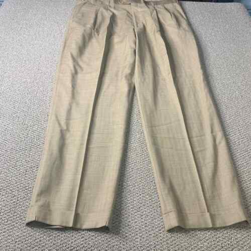 T. Harris Mens Pants Size 40X32 Beige Wool Plaid Straight Leg Pleated Front  - Picture 1 of 12