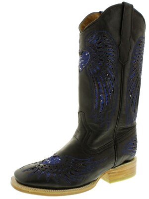 Womens Western Boots Cowboy Black Leather Blue Sequins Heart Wings 4.5, 6.5, 7