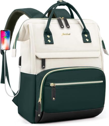 Vintage Laptop Backpack for Women Men,Travel with USB Charging Port 15.6In Green Black Leather Backpack For Men 15.6 Inch Laptop Backback  main image 3