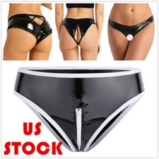 Women Wet Look Leather Open Crotch Briefs Panties Thongs Underwear Knickers