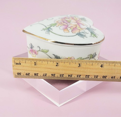 Andrea by Sadek MCM Pink Poppy & Gold Rim Heart Shaped China Lidded Trinket Dish - Picture 7 of 10
