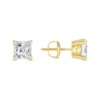 #ad 2 Ct Princess Cut Created Diamond Real 14K Yellow Gold Stud Earrings Screw Back $559.93