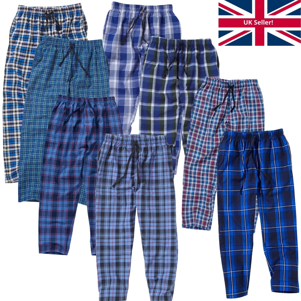 Older Boys Check Long Pyjama Trousers Bottoms Lounge Pants Blue Black Bedlam