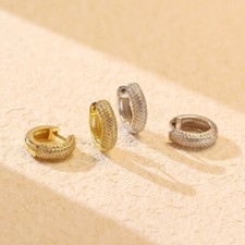 15mm Women Men 18K Gold Plated 925 Sterling Silver CZ Huggie Hoop Earring