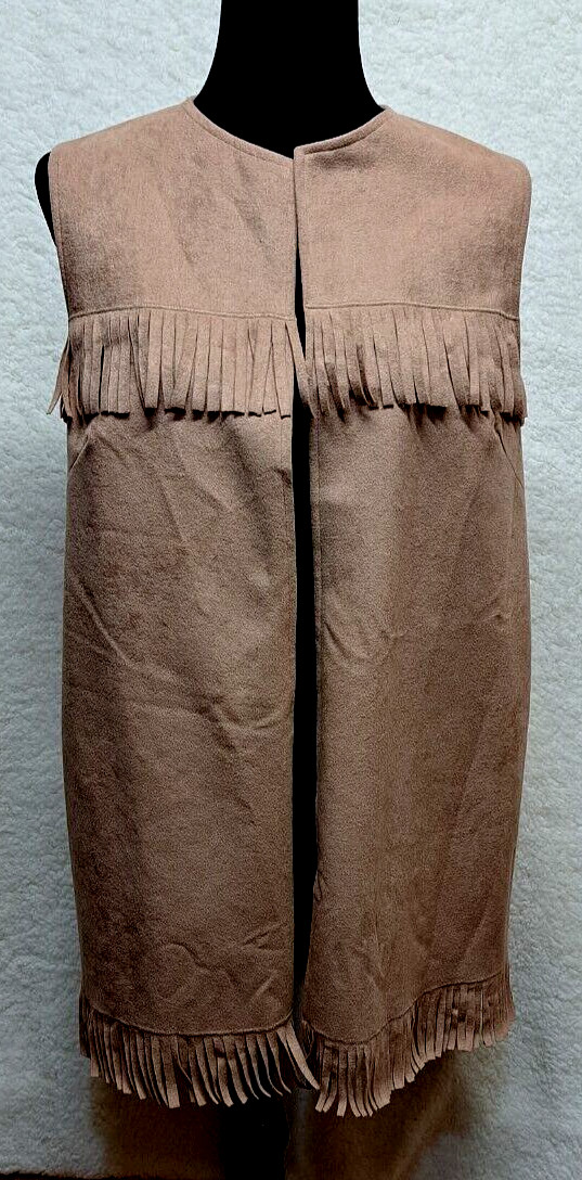 Vest Cardigan Western Fringe Faux Soft Buckskin Suede Cowgirl Costume XL Womens-image