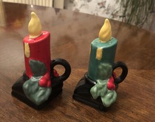 Vintage Christmas Candle with Holly Salt Pepper Shakers Ceramic Red Green