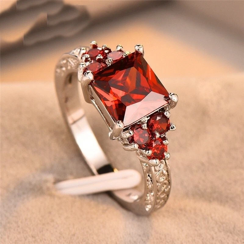 Women Square Birthstone Ring Red Black Zircon Rings Lady Engagement Jewelry 1Pc