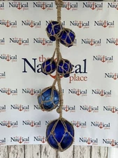 6 Glass Cobalt Blue Fishing Floats On Rope - Fish Net Buoy Ball - Nautical Beach