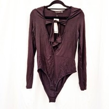 BOOHOO UK 12 Black Plunge Bodysuit Long Sleeve Tie Front Party Evening Top 🖤