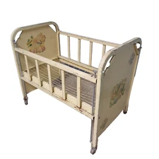 Vintage Amsco White Metal Doll E Crib w/ Wooden Wheels Lamb Decals