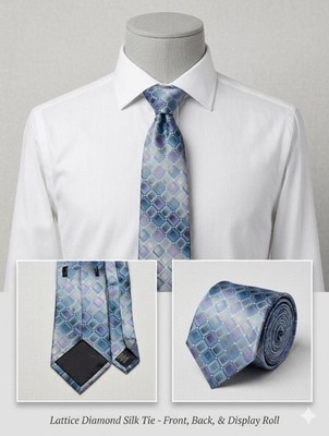 Unbranded Blue Lattice Diamond Pattern 100% Silk Necktie