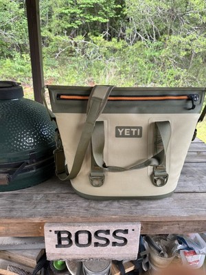 Yeti Hopper 2 30 Tan/Green with shoulder strap.