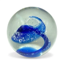 Hand-Blown Ocean Waves Blue Spiral Glass Paperweight Glass Bubble Sphere 2.75 In