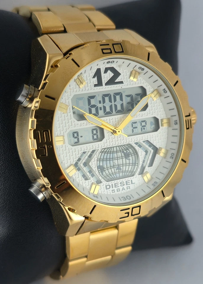 Reloj pulsera de cuarzo de lujo Diesel para hombre analógico-digital esfera blanca caja chapada en oro Foto 2 de 4