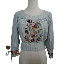 Anthropologie Women's Small Embroidered Smocked Crop Top Cotton Elastic Waist