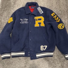 Polo Ralph Lauren Blue Pile Fleece LETTERMAN Varsity Football Jacket Mens Sz L