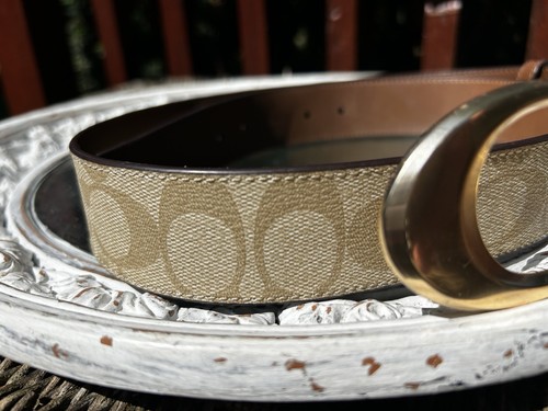 NWOT Coach Signature Buckle Belt 25 Mm Size L GOLD KHAKI TAN BROWN SADDLE - Picture 2 of 13