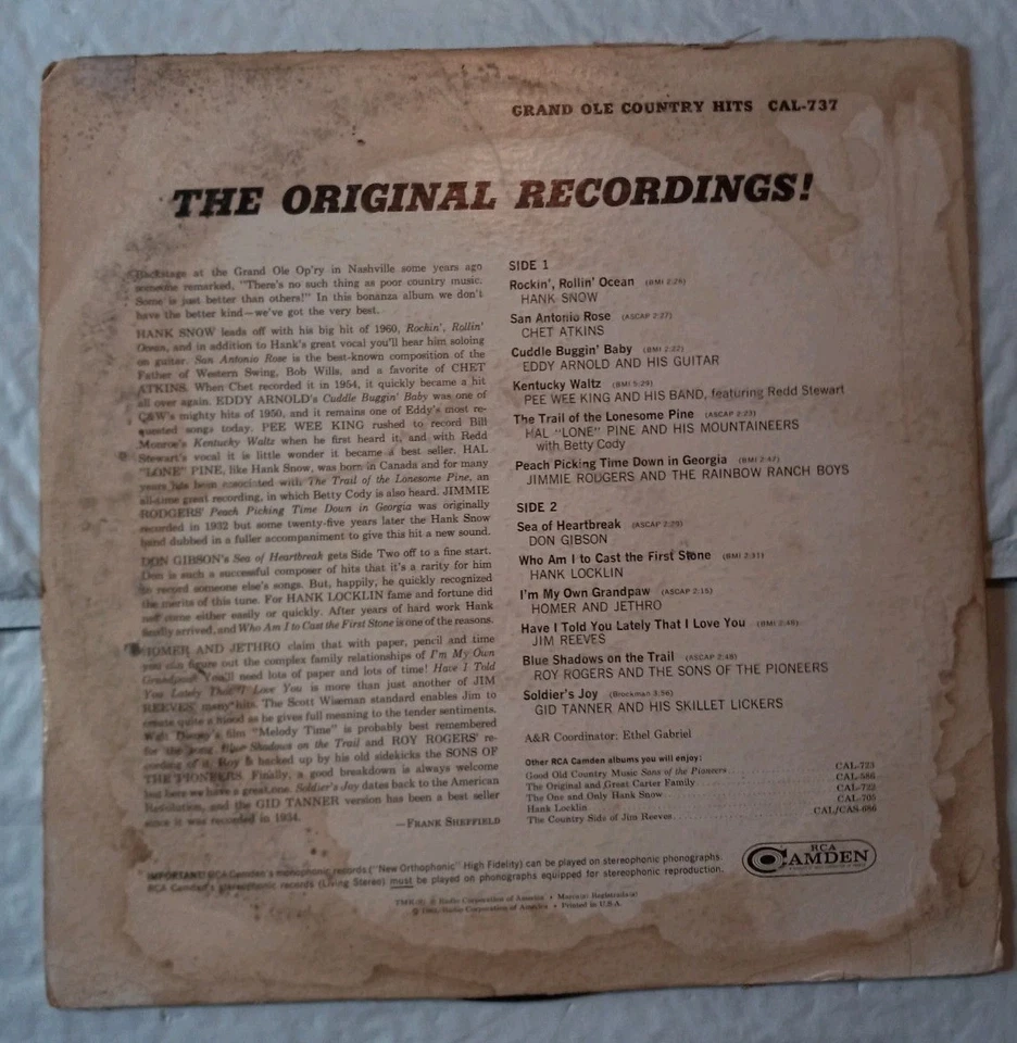 🎤 🎶 Grand Ole Country Hits Vinyl LP 1963 Eddy Arnold Chet Atkins RCA Camden  - Image 4 of 4