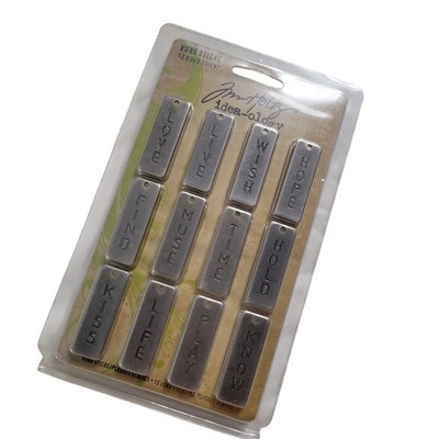 New TIM HOLTZ  Idea-ology Metal Embellishments (12) Word Bands Sticks Live Love