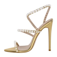 Womens Pointy Open Toe Strappy Slip on High Heel Sandals Pearl Studded Stilettos