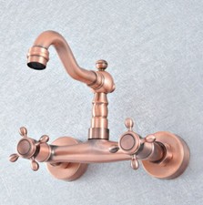 Antique Red Copper Wall Mounted Bathroom Kitchen Faucet Two Handle Mixer Tap