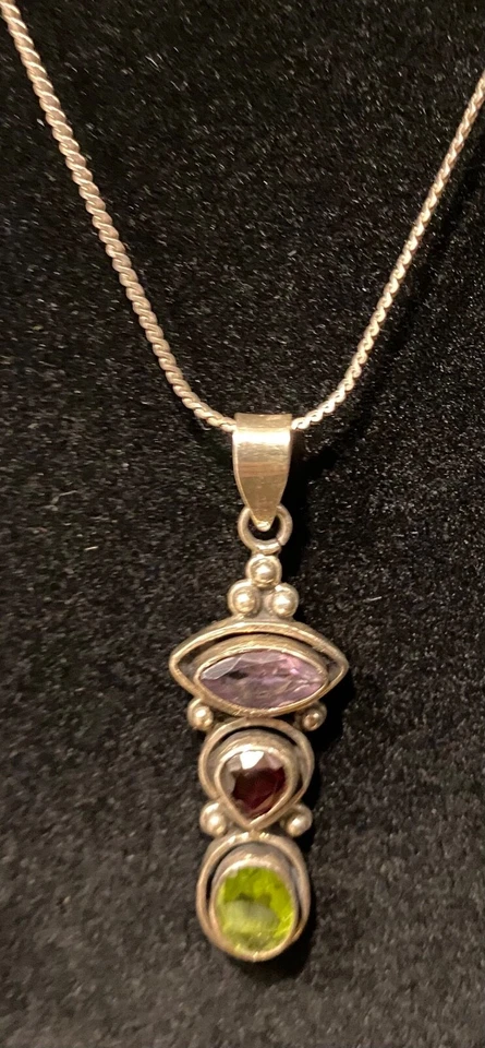 Necklace Pendant Gemstone Amethyst Garnet Peridot 925 SS Chain 24” - Image 4 of 4