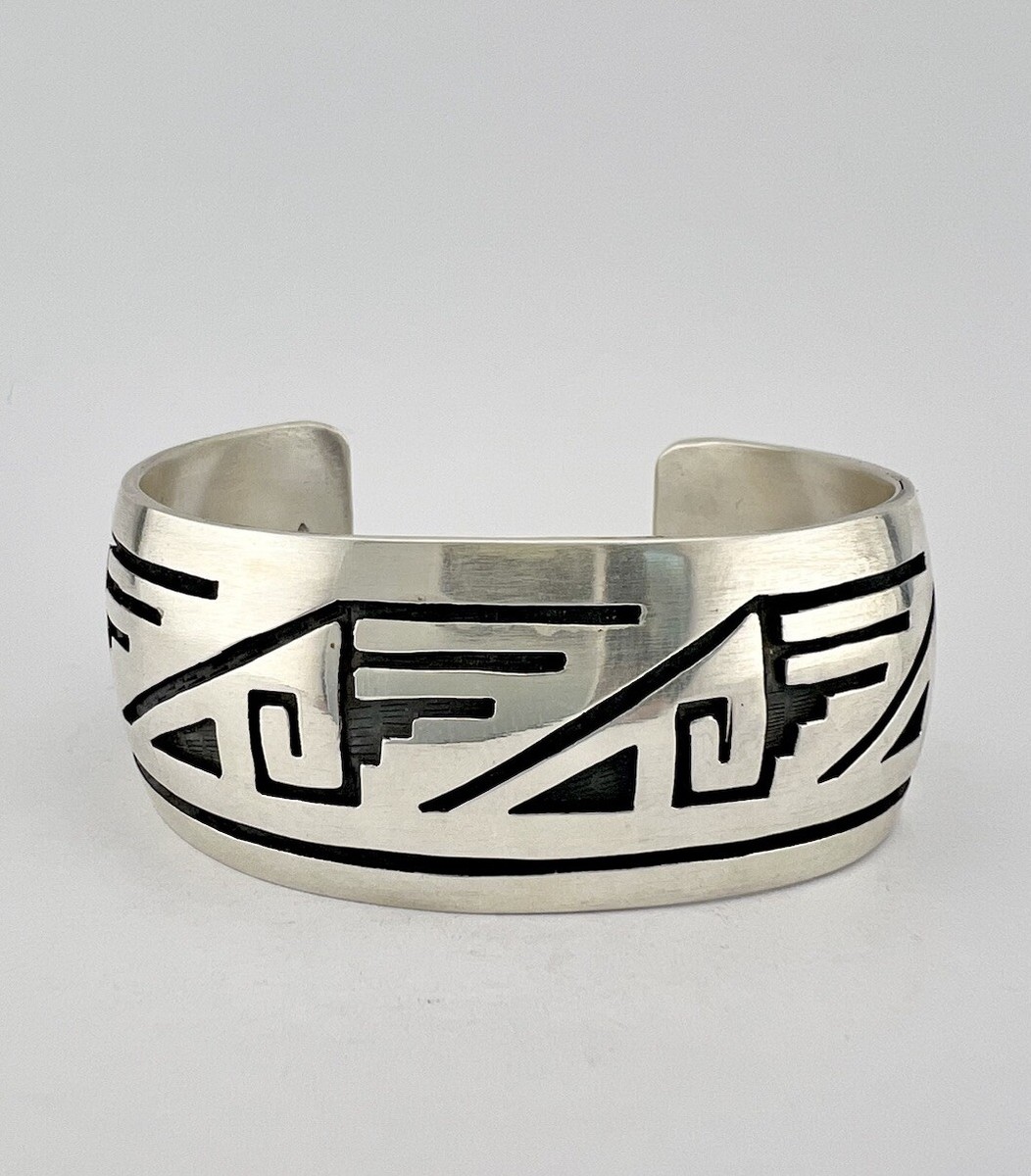 Vtg HOPI Sterling Silver Tribal Design Overlay Wide Cuff