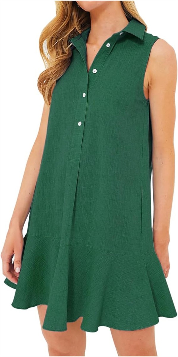 Women's Linen Tunic Mini Dress – Sleeveless Collared Sundress With Front Buttons & Pockets, Casual Summer Swing Dress - View #10