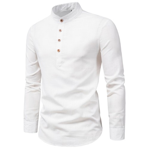Mens Casual Cotton Shirt Long Sleeve Stand Collar Pullover Button Henley T-shirt - Picture 25 of 46