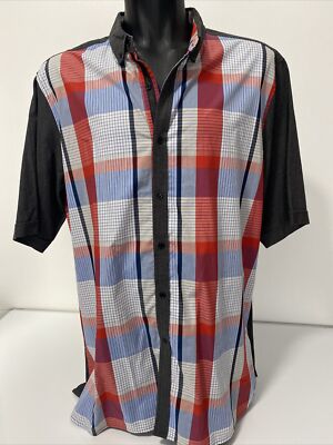 Sean John Men's Two Tone Gray Multi  Button Front Short Sleeve Shirt  Size 3XL