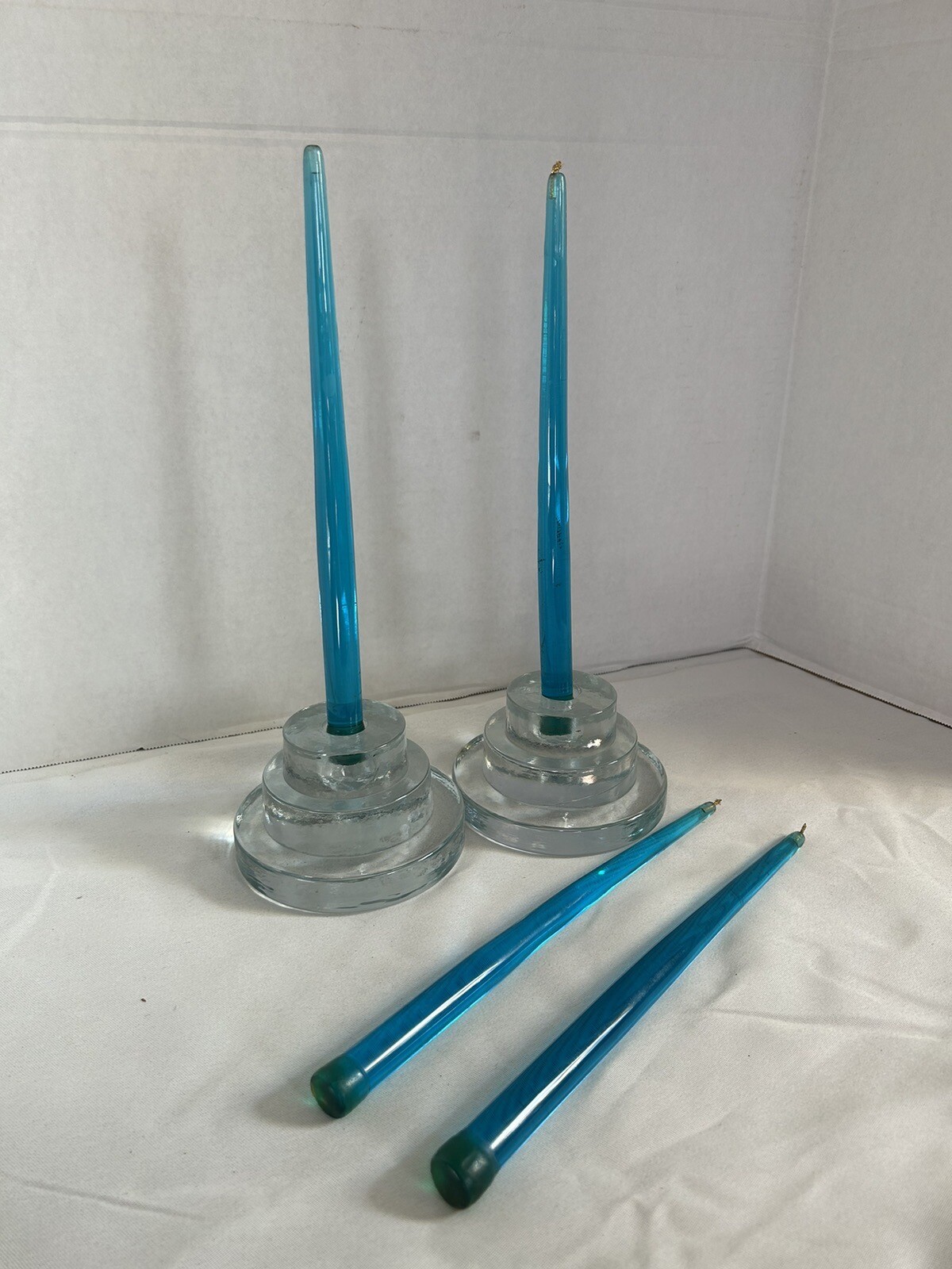 Set of 4 Vintage MCM Modern Blue 11” Lucite Candle Sticks No Flecks