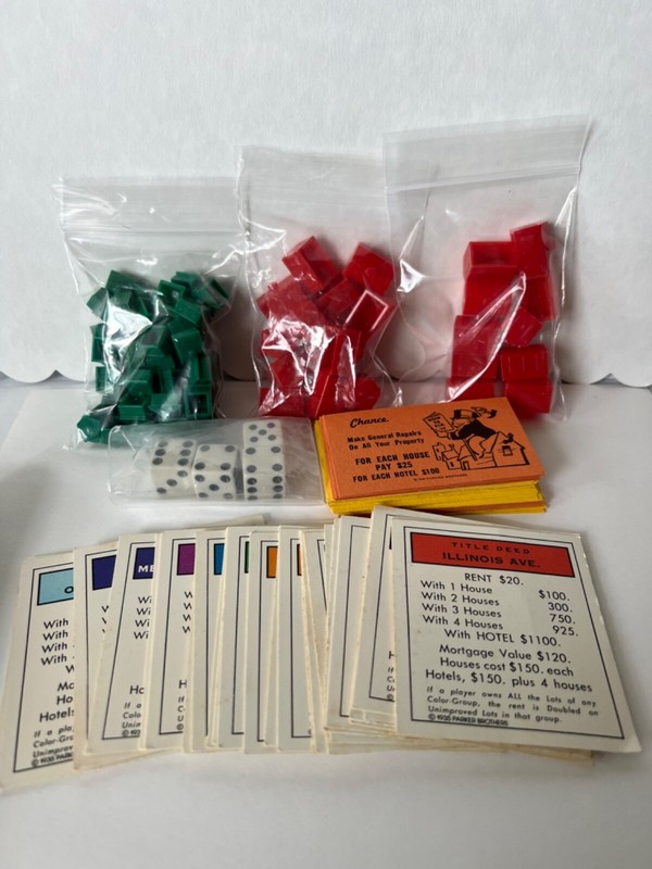Monopoly 1978 Game Replacement Parts - Cards, Money, Houses, Dice & Hotel