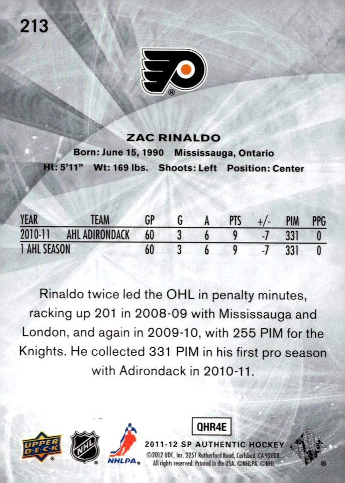 Zac Rinaldo - Signed 2011-12 SP Authentic Future Watch /999 Rookie Card #213 - Image 2 of 2