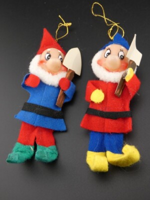 Vintage Christmas Red and Blue Pixie Elf Gnomes with Tools Ornament Lot Japan