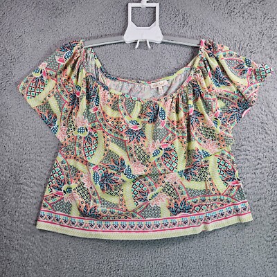 Red Camel Cropped Top Women Medium Off Shoulder Colorful Geometric Print