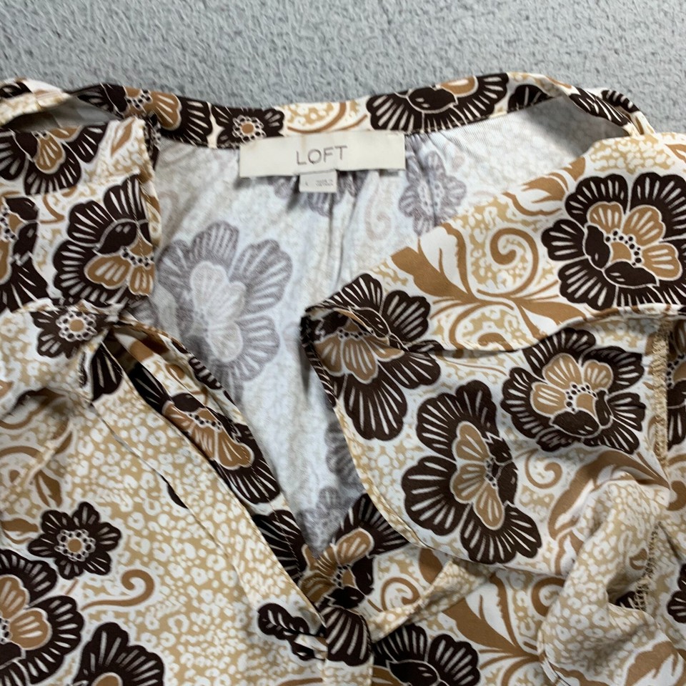 LOFT Blouse Womens Large Top Floral Short Sleeve Beige Brown eBay