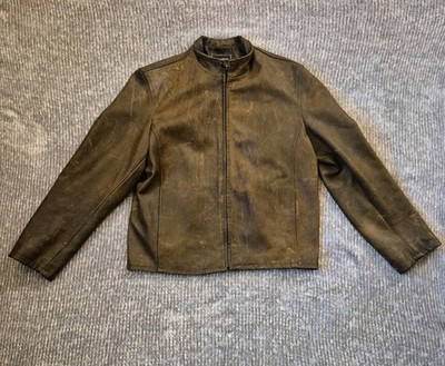 Vera Pelle Vintage Brown Aged/Distressed Leather Moto Jacket Made In Italy Sz 48