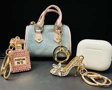 Gold  Pink Bling Rhinestone Metal Keyring Set Faux Bottle  High Heel Keychain
