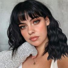 Wavy Black Wig with Bangs - Synthetic Curly Bob Wig, 14 Inches, Medium Length