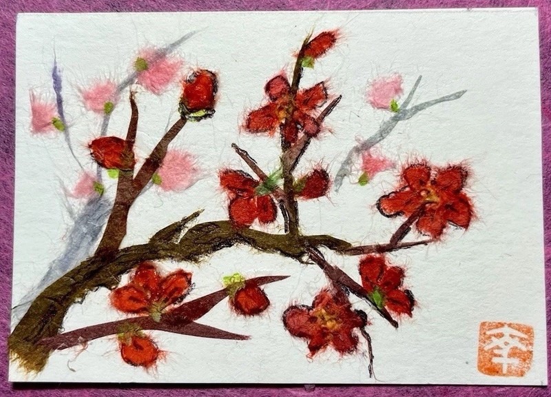 Original ACEO Japanese Washi Art- Plum Blooming