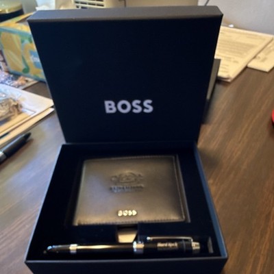 Boss Black Bifold Men's Wallet with Logo & Hard Rock Ballpoint Pen Gift Set