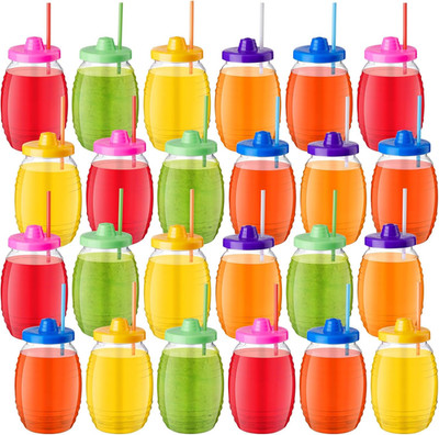 24 Pcs Mini Mexican Plastic Barrel Cups with Straws for Fiesta Party Decor