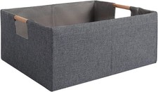 Fabric Storage Box, 15x11in Foldable Cotton Linen Basket with Wooden Handle
